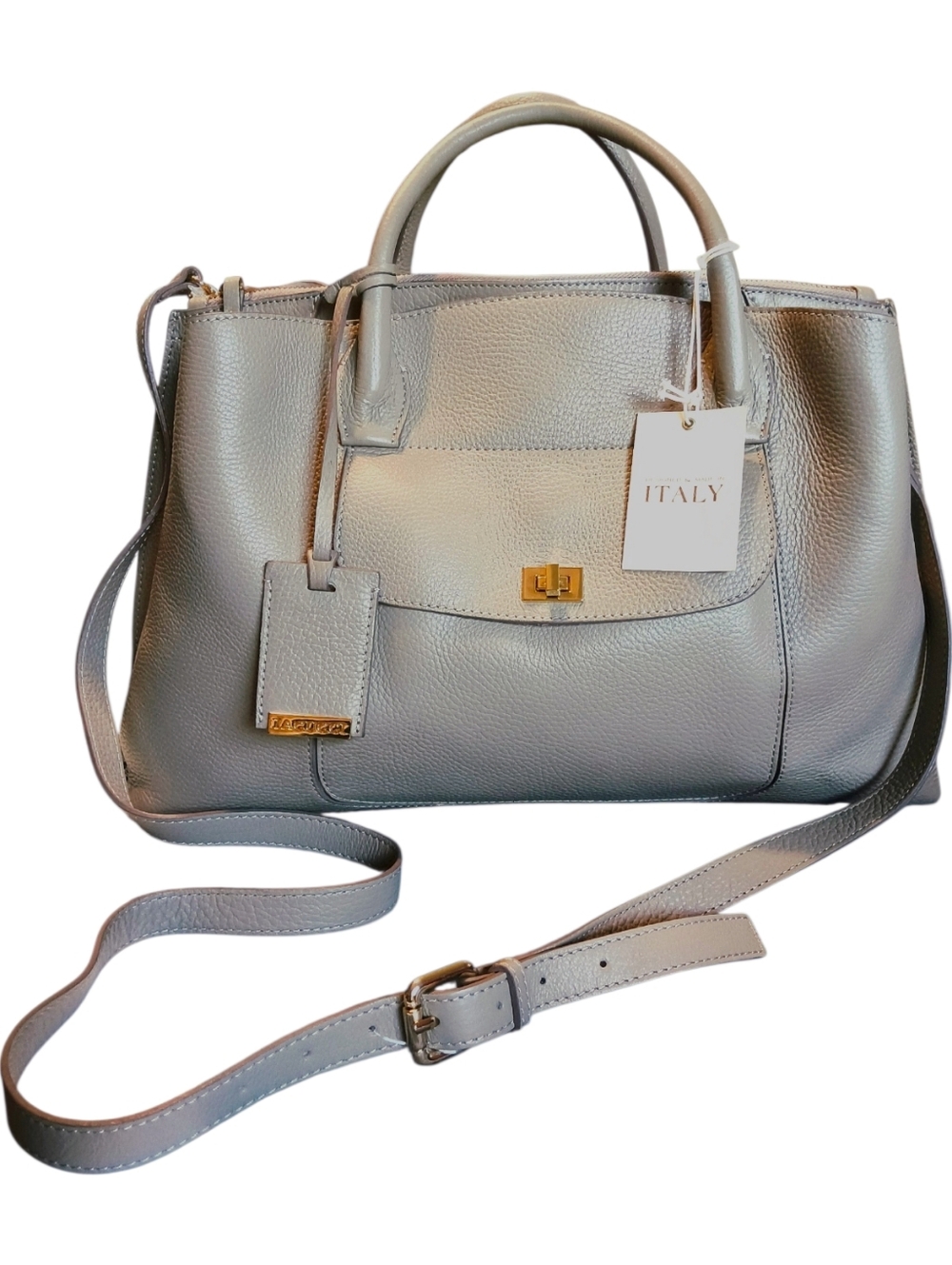 Iacucci Taupe Italian Leather Structure Satchel Tote with Strap and Dust Bag NWT
